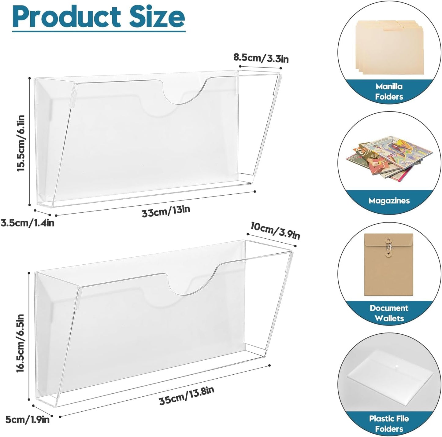 Qozary Clear Acrylic Magnetic File Holder - 2 Pack Magazine Rack for File Cabinets, Magnetic Mail Holder, File