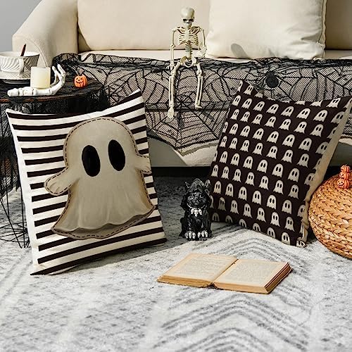 AVOIN colorlife Halloween Hey Boo Cute Ghost Spooky Throw Pillow Covers, 20 x 20 Inch Horror Scary Cushion Case for Sofa Couch Set of 4, Black