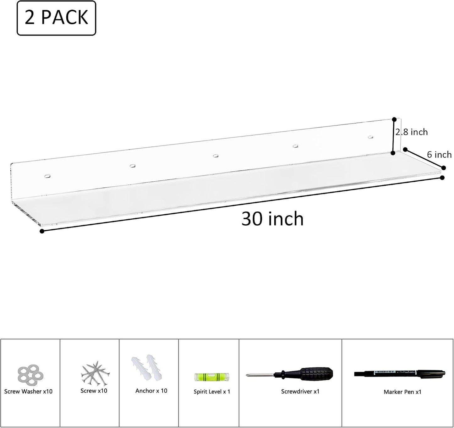 Sezanrpt 30 Inches Acrylic Wall Shelves 2 Pack, Floating Shelf for Wall Mounting, Acrylic Display Ledges for Funko Pop