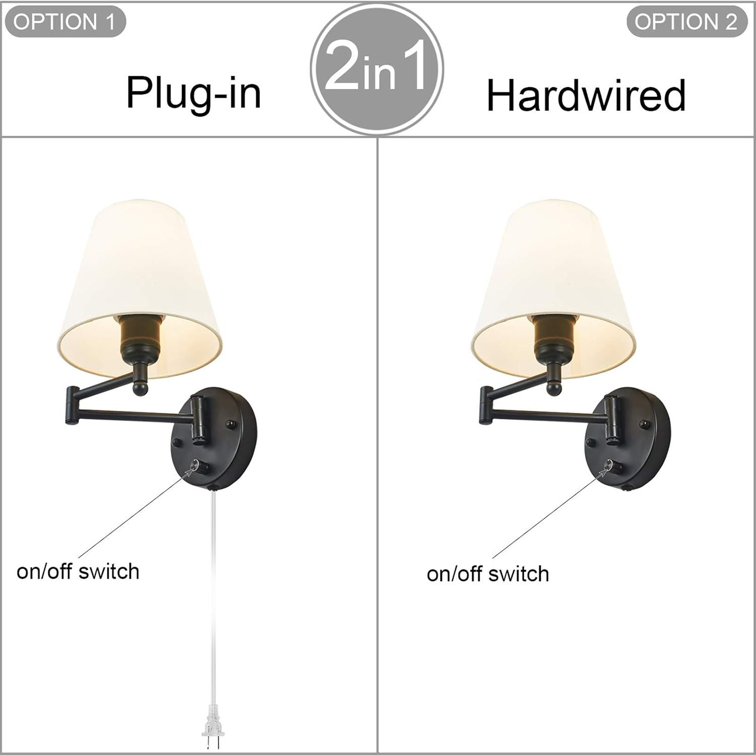 Swing Arm Wall Lamp Plug in Wall Mount Opaque Ivory Linen Shade 40W 2-Way Cord Covers(1 Light)