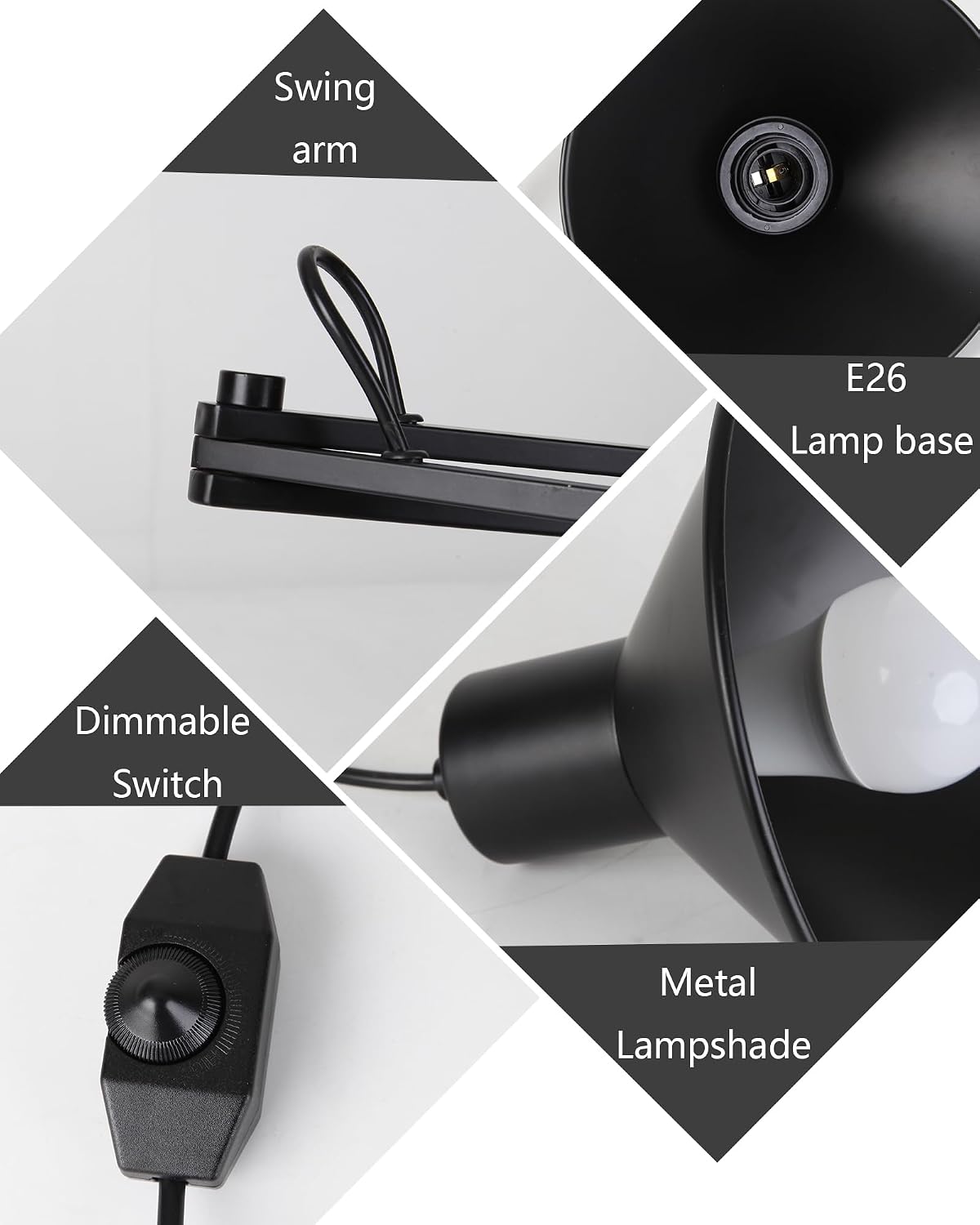 Plug in Wall Sconces, Swing Arm Wall Lamp with Dimmable Switch, Wall Sconce with Plug in Cord for Bedside Bedroom