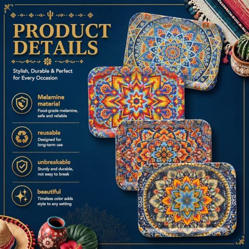 4 Pieces Melamine Platters, Boho Flower, Mixed