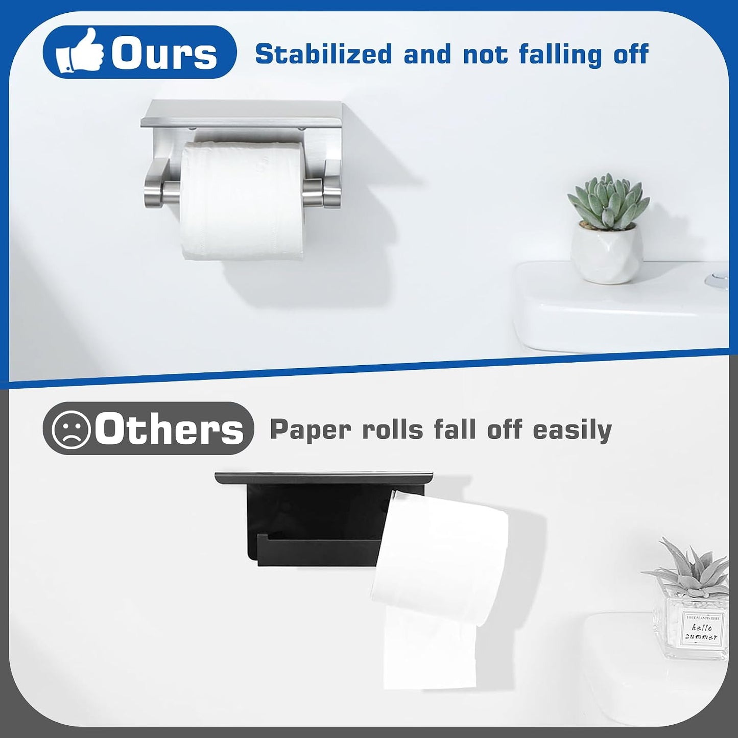 Alise Toilet Paper Holder with Shelf Wall Mount Adhesive or Drill,Brushed | SUS304 Stainless Steel Toilet Paper Roll