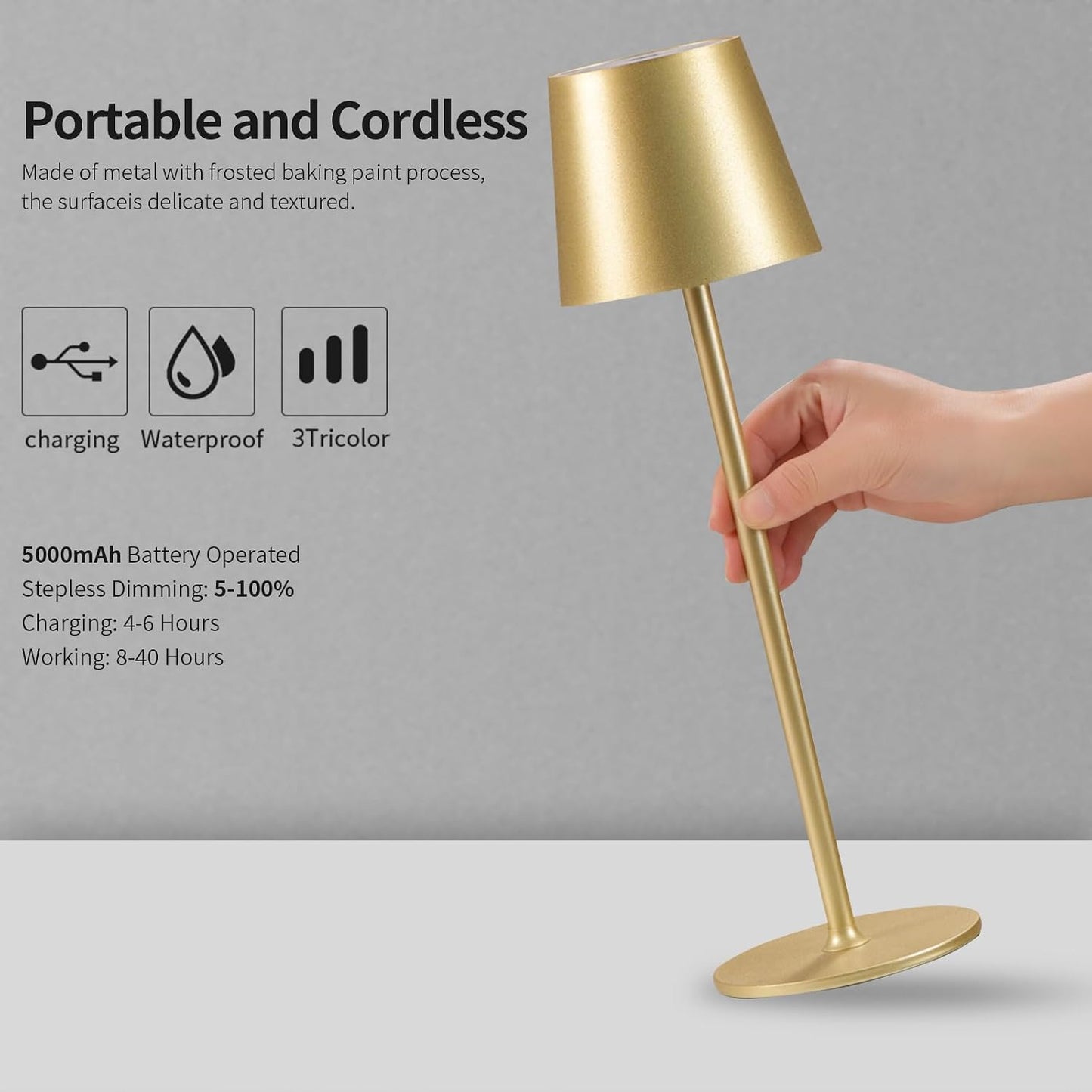 BGFHome 2 Pack Cordless Table Lamp LED Desk Lamps, 5000mAh Battery Operated, Rechargeable Touch Night Light, 3 Color