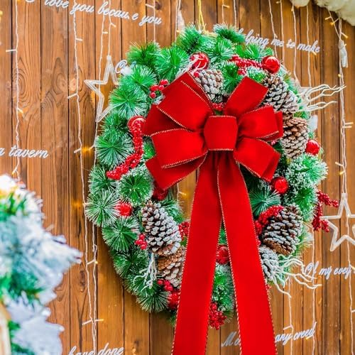 2 Pcs Large Christmas Bow, 31" x 11" Golden Edged Red Velvet Wreath Bow