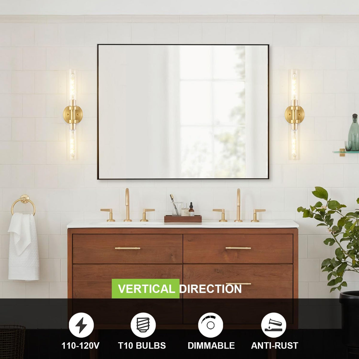 Brushed Gold Bathroom Vanity Light Fixture, 2-Light Modern Wall Sconce Lighting W/Clear Glass, Brass Wall Mount Lamp
