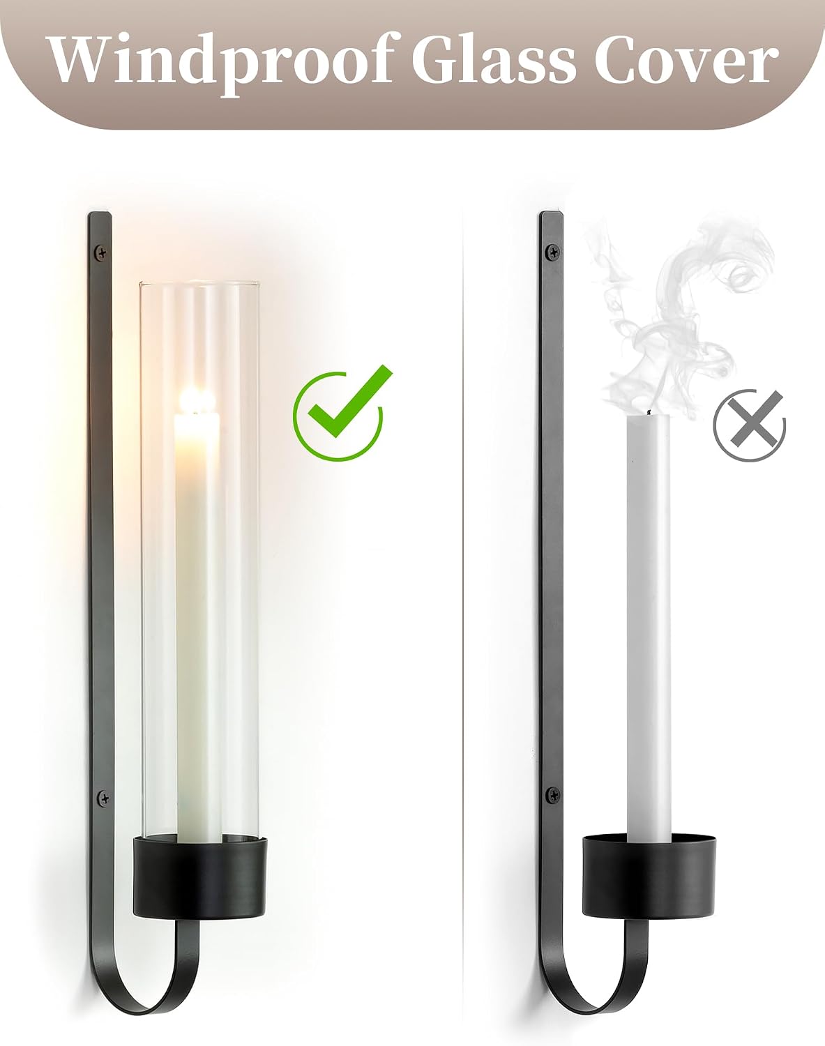 Sziqiqi Black Wall Candle Holders: Metal Candle Sconces for Taper Set of 2 | Set of 2, with Hurricane Glass, Modern