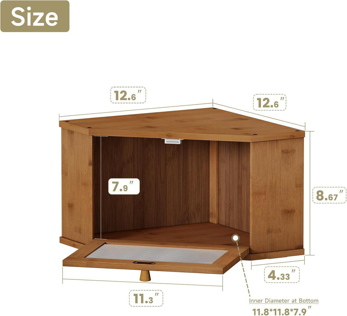 Corner Bread Box For Kitchen Countertop,Bread Storage Bin (Brown, Medium) | Small Bamboo Bread Container,Corner Shelf