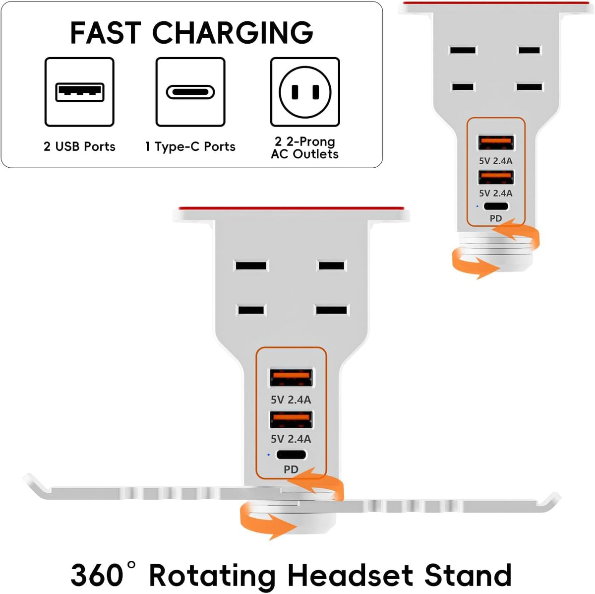 Multi-Function Desk Headphone Hanger Hook Gaming Office | 2 USB, 1 Type-C, 2 AC Outlets Desk Hook Holds Headsets &