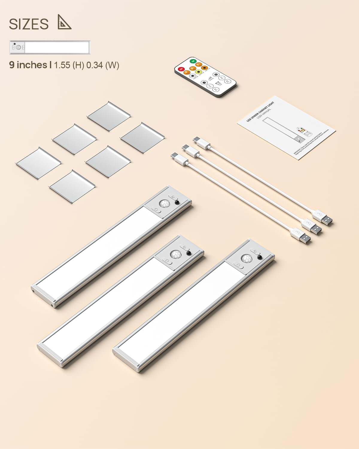 Under Cabinet Lights with Remote Control, USB Rechargeable Battery 180 Lumen Motion Sensor Indoor Light,3 Pack Wireless