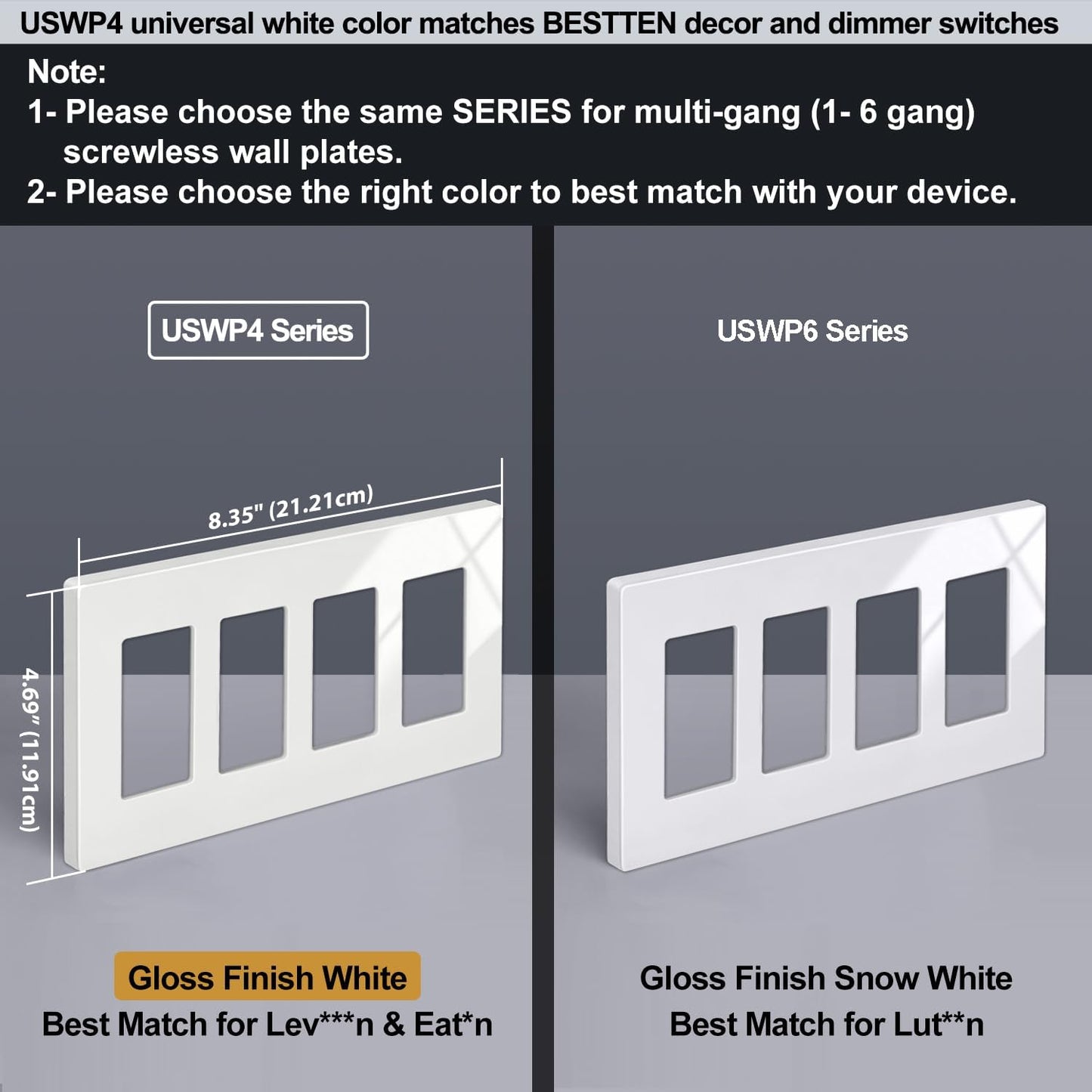 5 Pack BESTTEN USWP4 Off White Series 4-Gang Screwless Wall Plate, Decorator Outlet Cover, for Light Switch, Dimmer