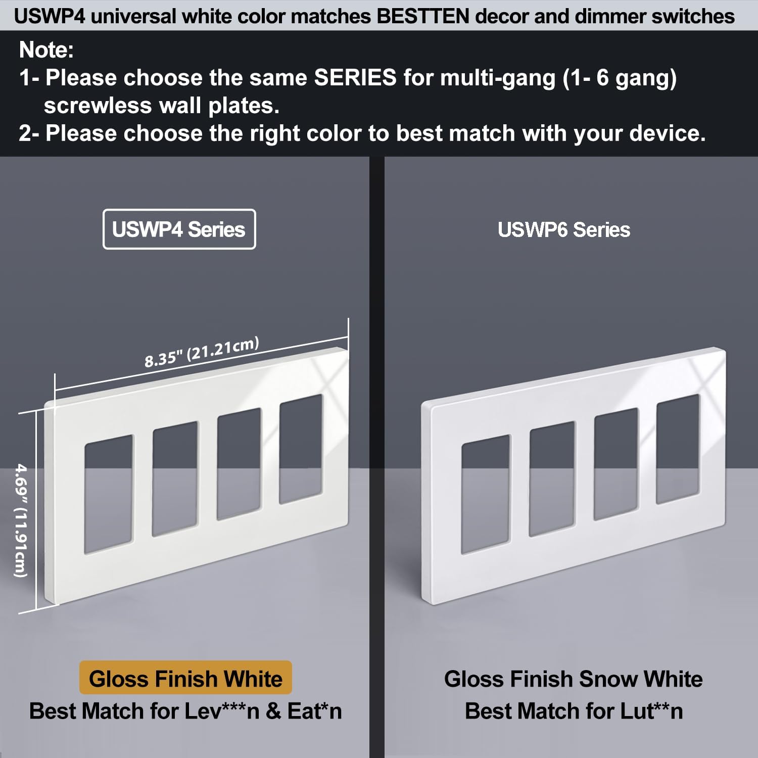 5 Pack BESTTEN USWP4 Off White Series 4-Gang Screwless Wall Plate, Decorator Outlet Cover, for Light Switch, Dimmer
