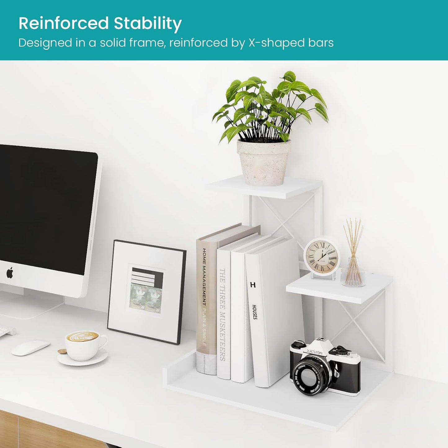 Wood Small Bookshelf Desktop Shelves and Organizer / White