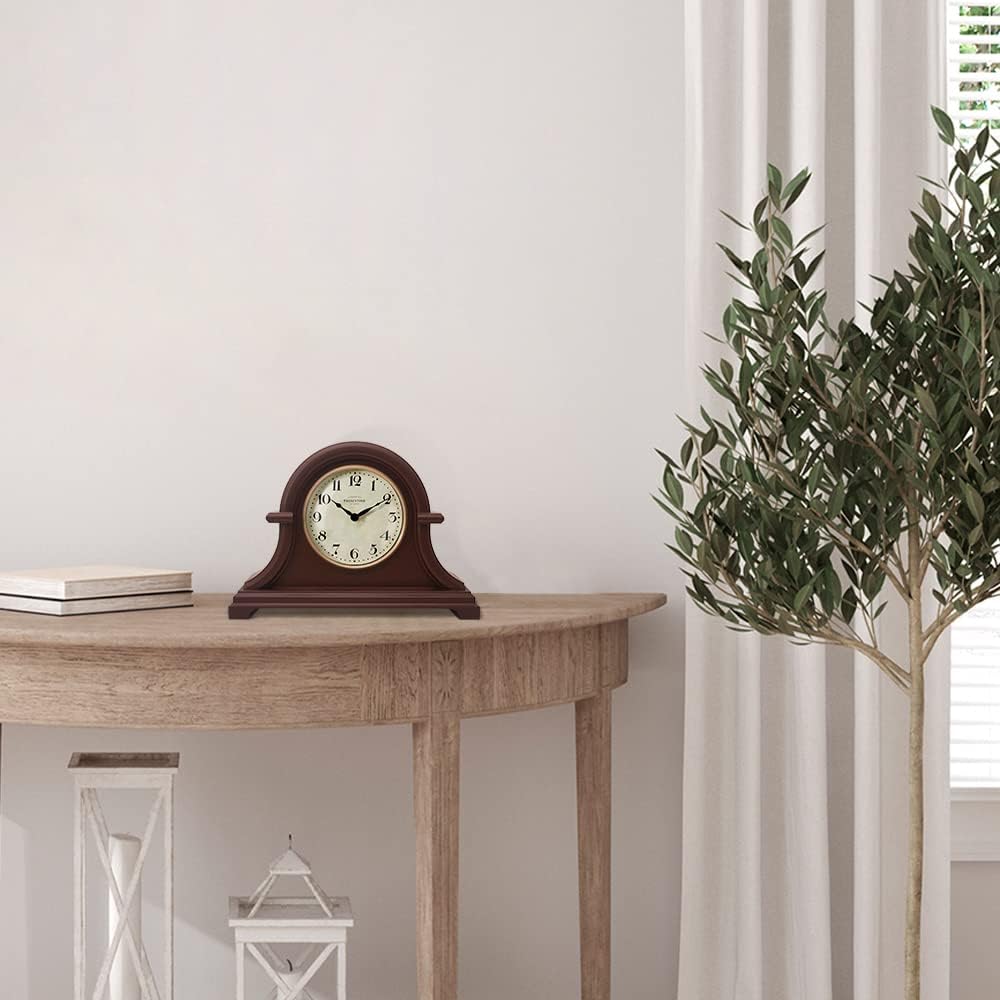 Mantel Clock Vintage Farmhouse Series | Napoleon Desk & Shelf Clock, 13 x 10", Domed Lens, Quartz Movement, Walnut
