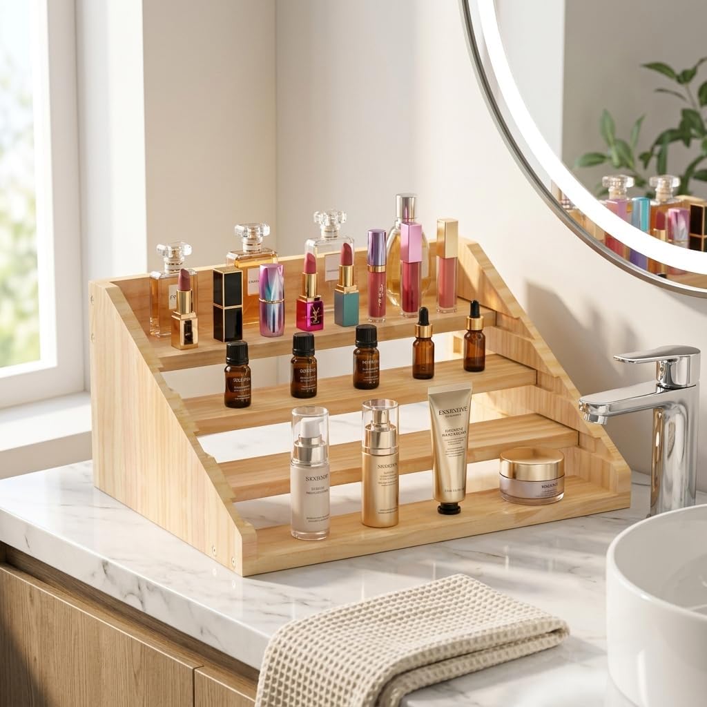 Solid Wood Spice Rack Organizer for Countertop & Cabinet, 4 Tier Adjustable Wooden Spice Shelf with Sliding Track