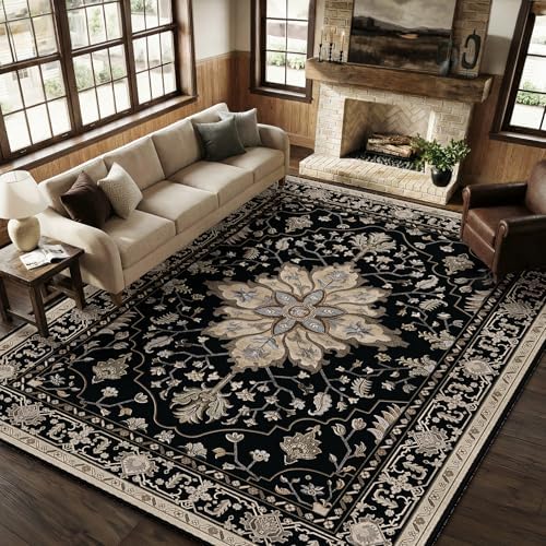 RELEANY Washable Area Rug, Large 9'x12', Black/Neutral