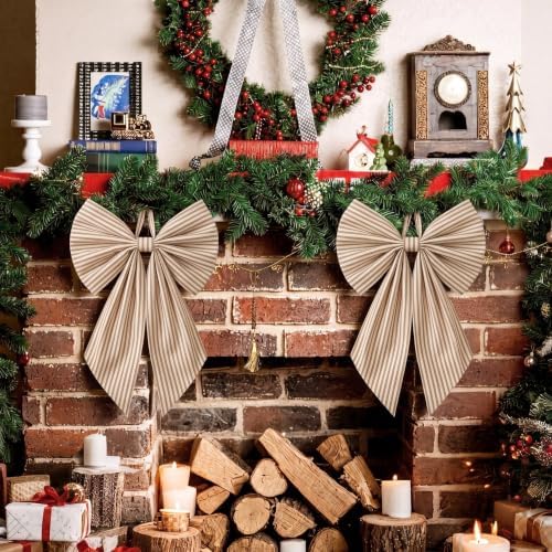Suncalla 2 Pcs Khaki Christmas Neutral Stripe Wreath Bows 18'' x 12''