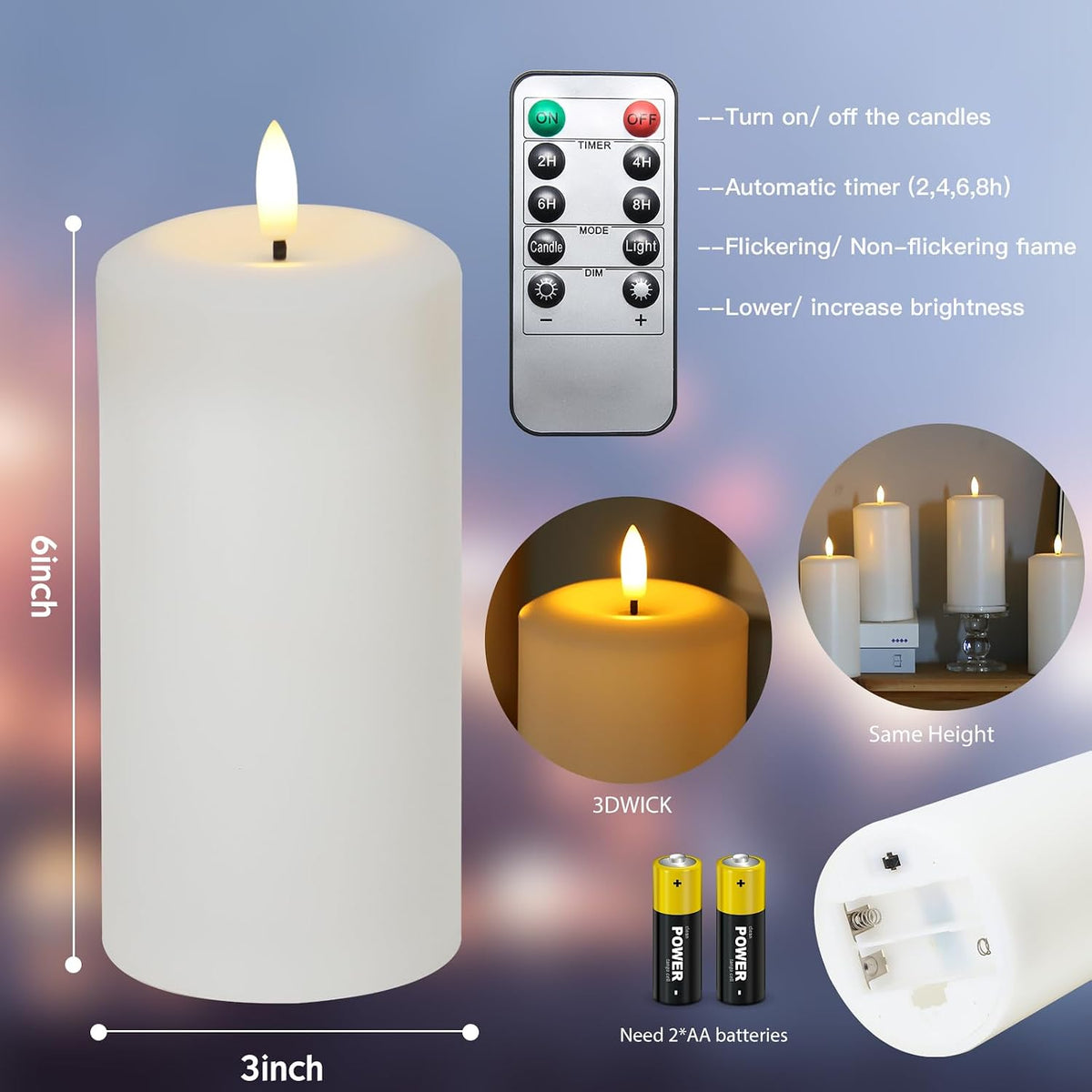 Flameless Candles Battery Operated with Remote and 2/4/6/8 H Timer, 6pcs Flickering Fake Electric Candles for Festival
