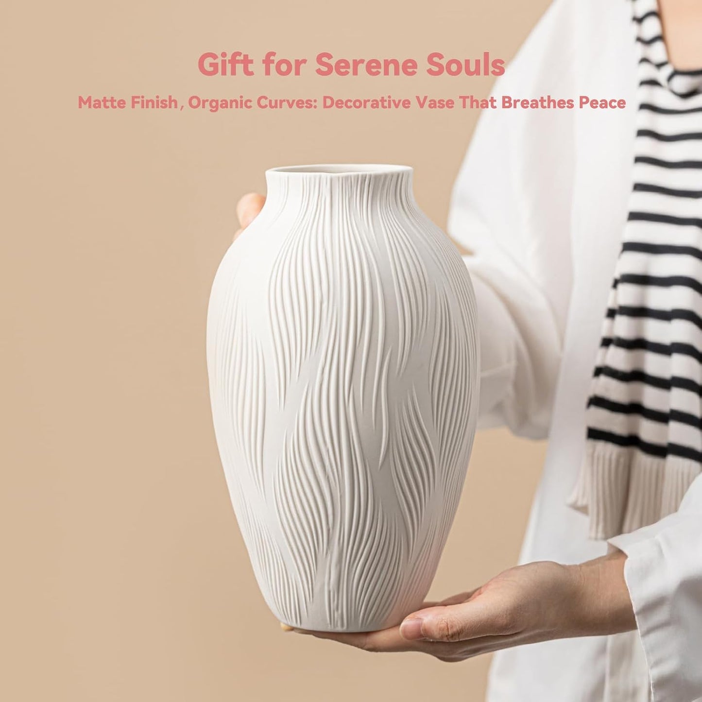 9.2" Unique Flower Vase for Pampas Grass/Centerpieces / Windblown Texture Vase / White