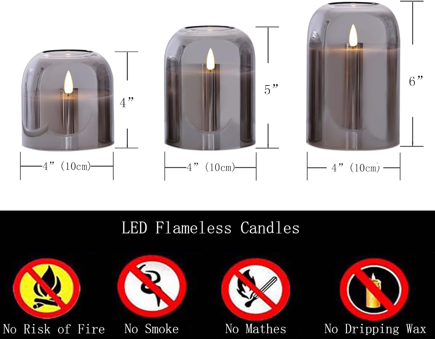 volnyus Grey Glass Flameless Candles with Remote Set of 3 Battery Operated Flickering LED Pillar Candles Real Wax Wick