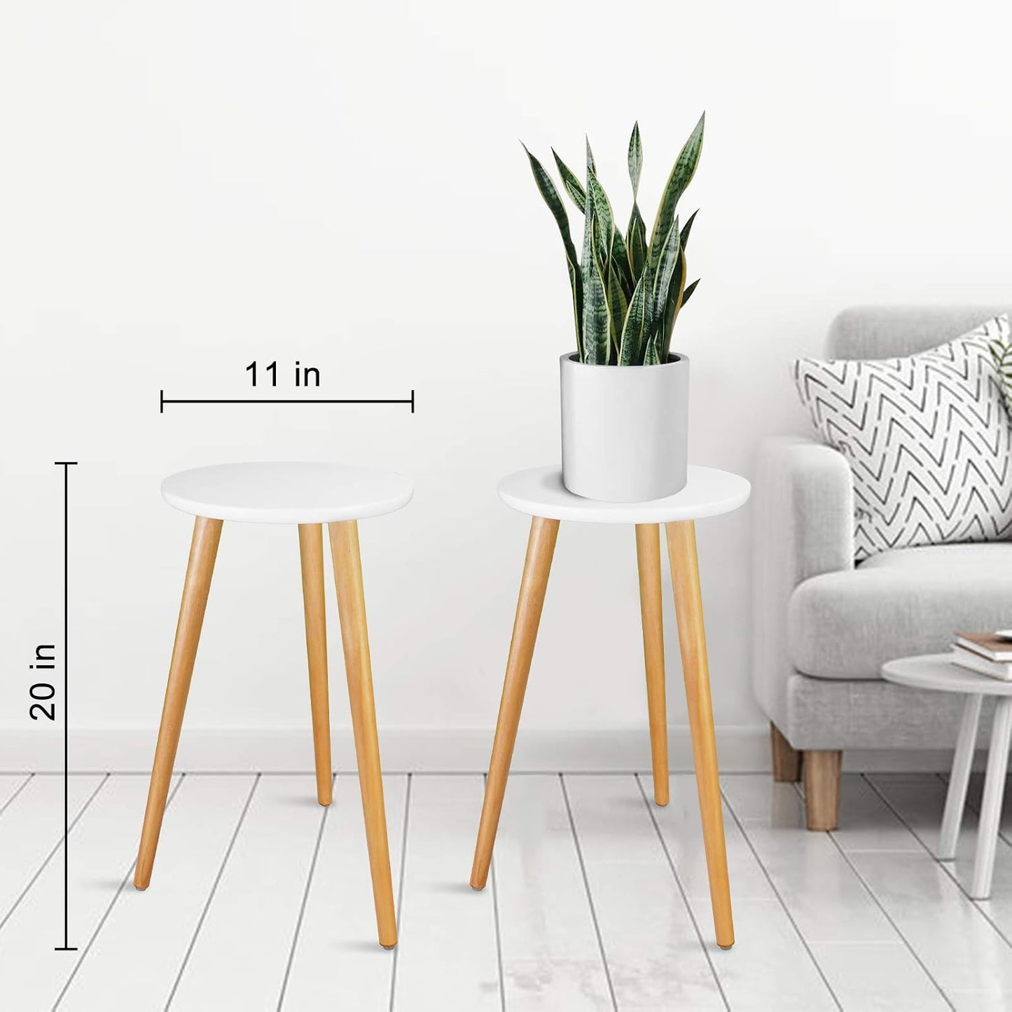 Indoor Plant Stand - Mid Century Wooden Plant Table, Tall Holder for Flower Pots, Small Round End Table (A3-White