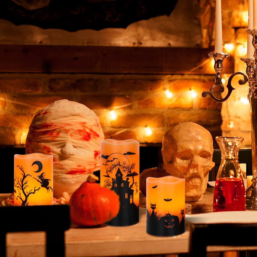 GenSwin Halloween Candles with Timer, Flickering Flameless Candles Battery Operated, 3 Pack Real Wax Pillar Candles for