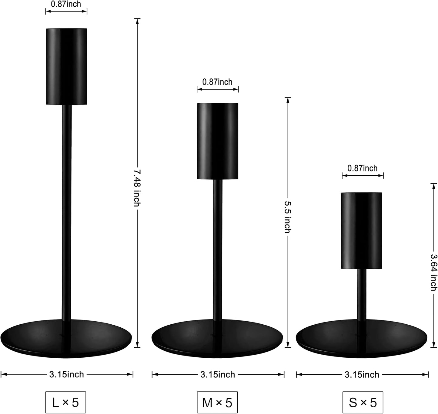 Black Candlestick Holders Bulk, Taper Candle Holders 15Pc, 3 Heights | Modern metal decor with stable round bases for