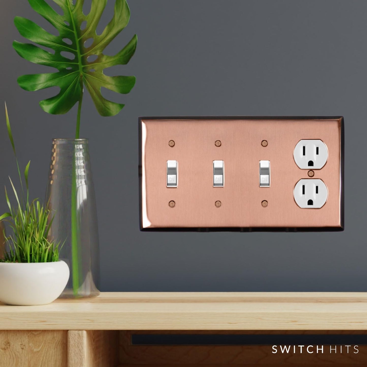 Pink Antique Copper Outlet Wall Plate | 3 Toggle - 1 Duplex | 8.25" x 4.5" | Hand-Polished Brass Construction