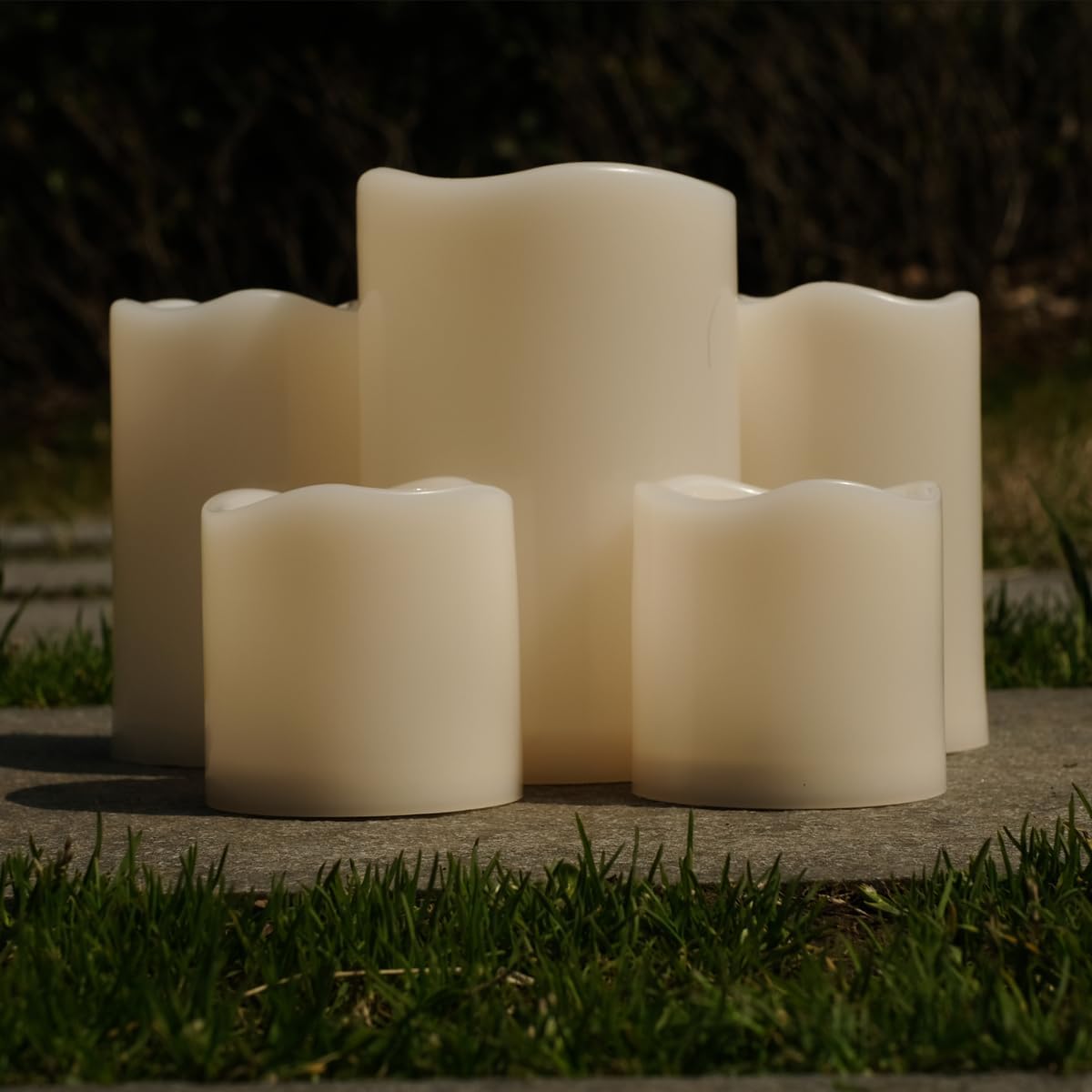 NONNO&ZGF 5 Pack Outdoor Waterproof Flameless Candles, Remote Battery Operated LED Resin Rainproof Pillar Candles (1pcs