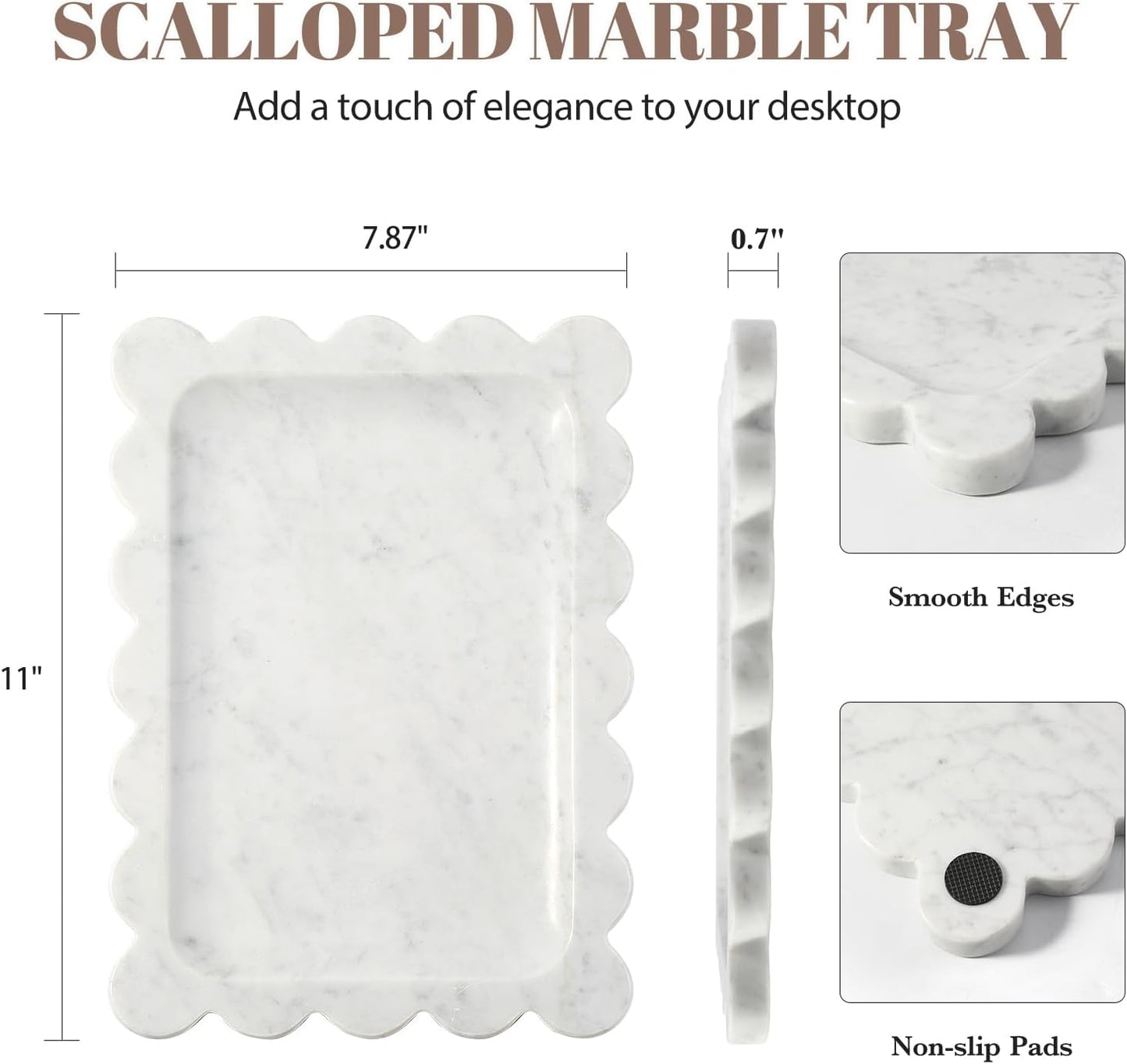 Scalloped Marble Tray / Bianco Carrara / 11 x 7.9 x 0.7 / Natural