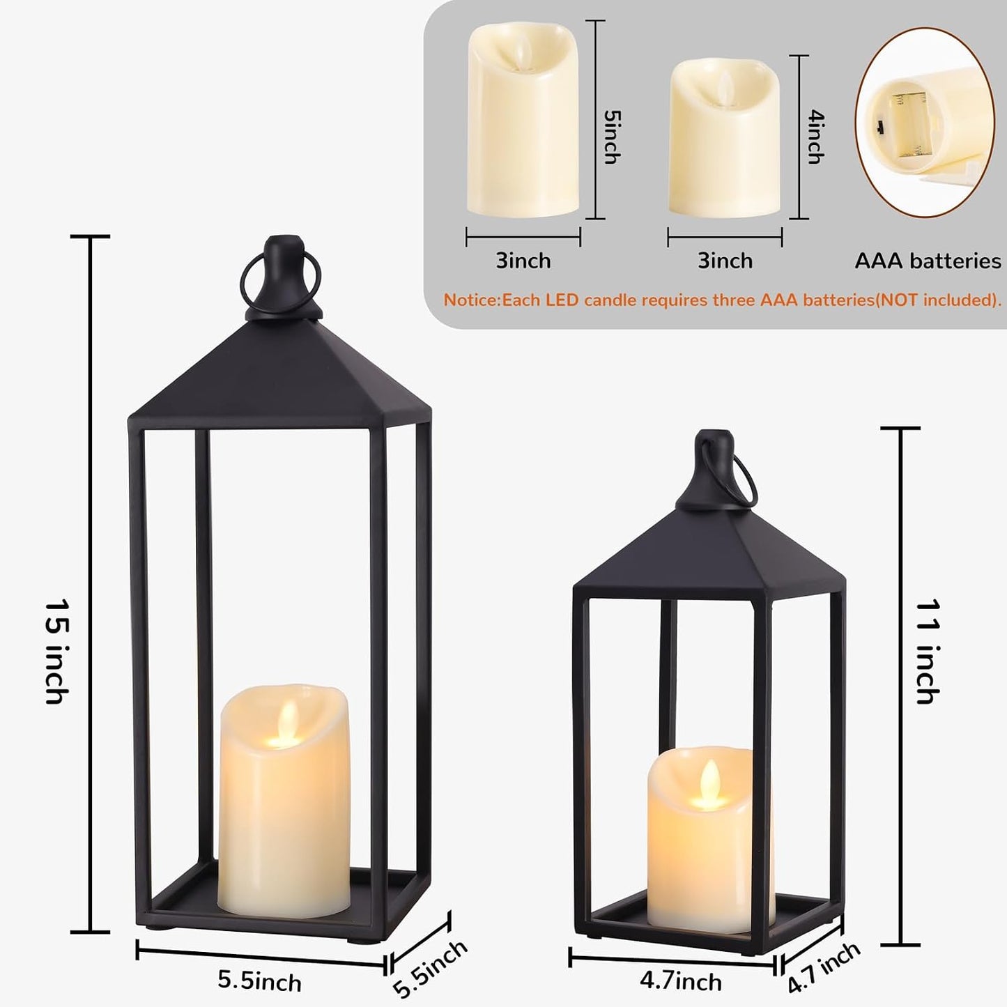 2 Pcs Black Decorative Metal Lanterns Farmhouse Lantern Decor with Candles | 15" 11" Outdoor Candle Lanterns for