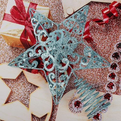 Aneco 10 Inches Christmas Treetop Star Metal Glittered Christmas Tree Topper Xmas Tree Decoration Topper for Christmas Holiday Home Office School Mall Decor, Blue