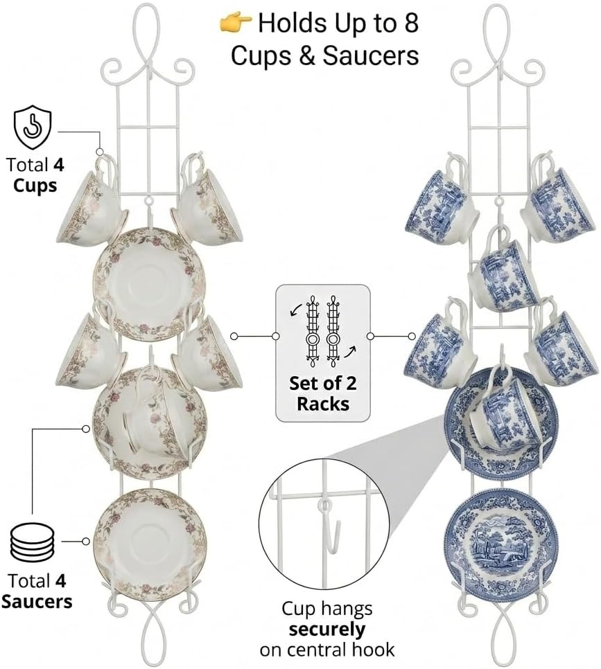 HOHIYA Wall Mount Tea Cup Rack 2 Pack Coffee Mug Organizer White | Organizes teacups, coffee mugs and saucers while