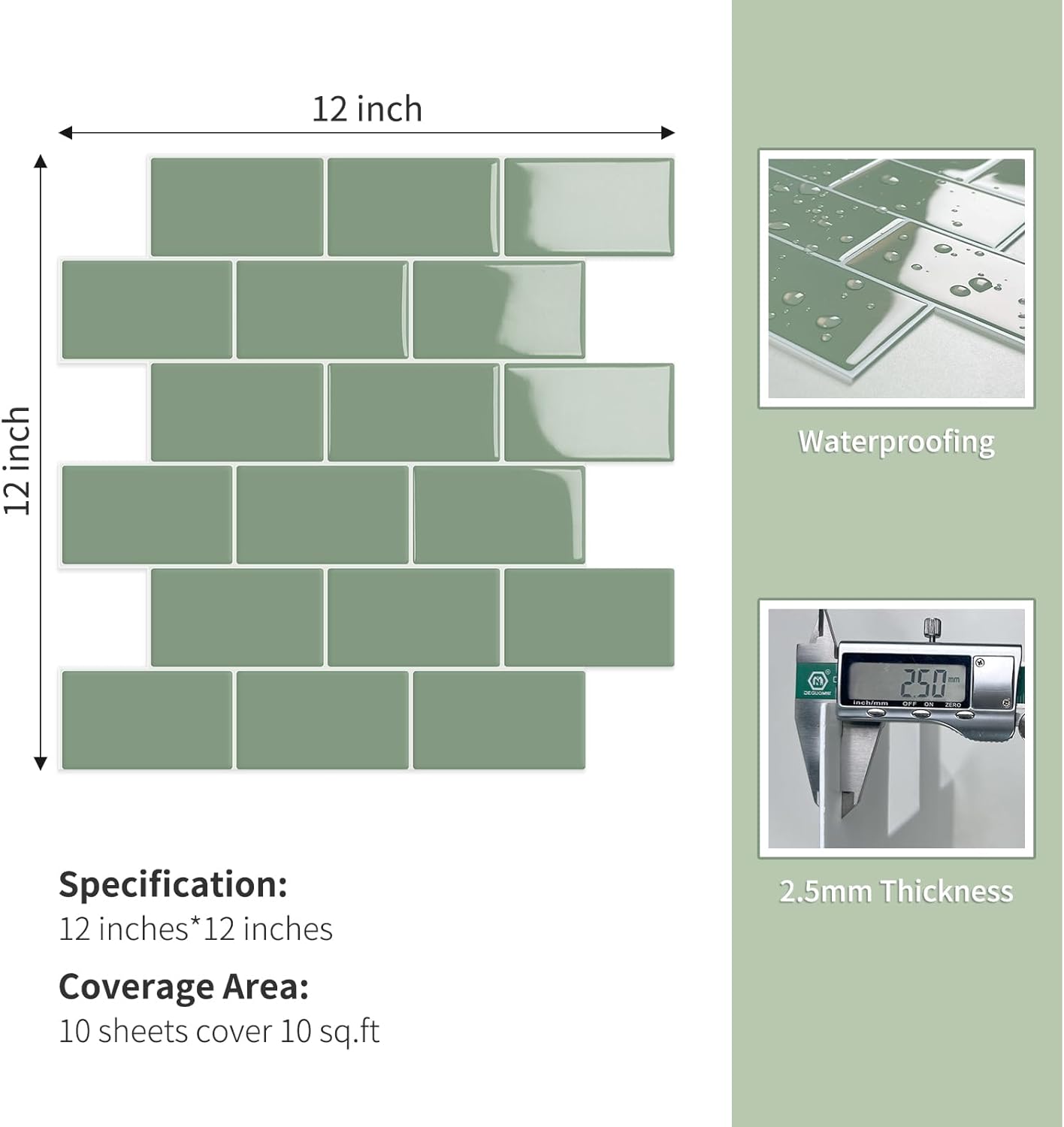 3D Subway Waterproof Self-Adhesive Wall Tile Stick / Green