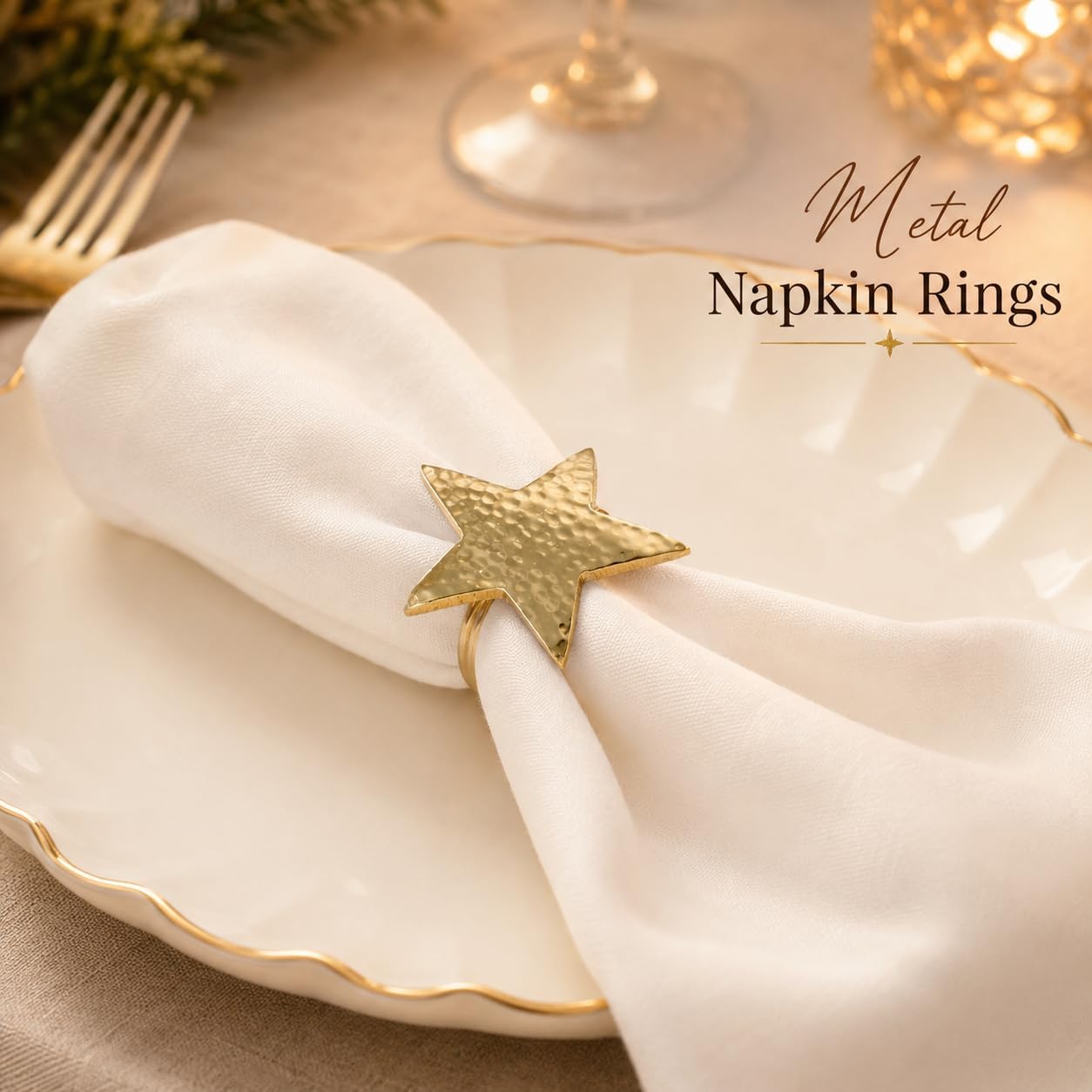 Alpha Living Home Gold Star Napkin Rings, Bulk Metal Holders, Set of 12 | Hammered metal, rust-resistant