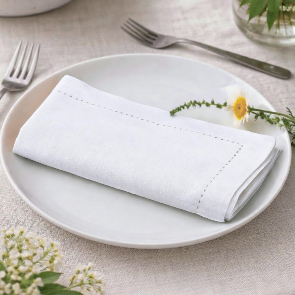 Plisa White Cotton Cloth Dinner Napkins Set of 12, 18x18 Inch | Hemstitched 100% Cotton Fabric Napkins - Soft &