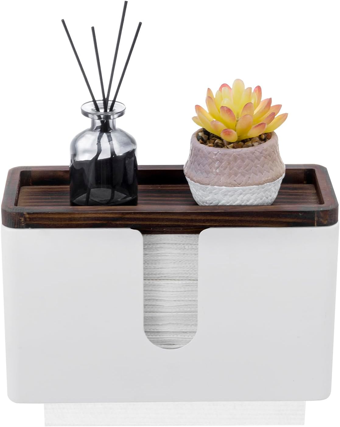 MyGift Deluxe Modern Matte White Metal Folded Commercial Paper Towel Holder with Rustic Burnt Solid Wood Tray Lid, Wall