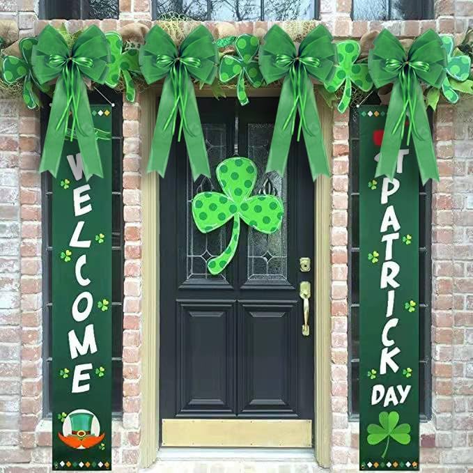 2 PCS Green St Patricks Day Wreath Bow Decor,St Patricks Day Tree Topper Bow Decorations,Decorative Bow with Green Burlap and Glitter String for Holiday Home Front Door Outdoor