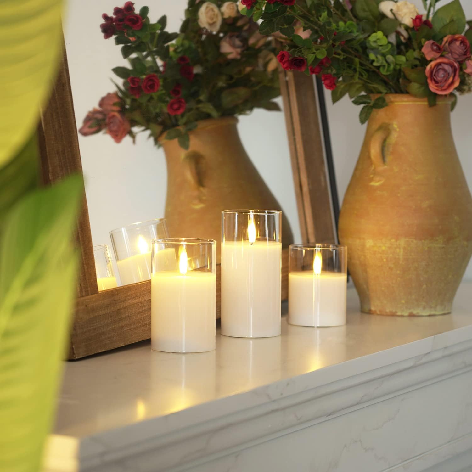 Homemory Pure White Glass Flameless Candles, Real Wax, Remote Timer, 3 Pack | D3"xH4"5"6", battery operated flickering