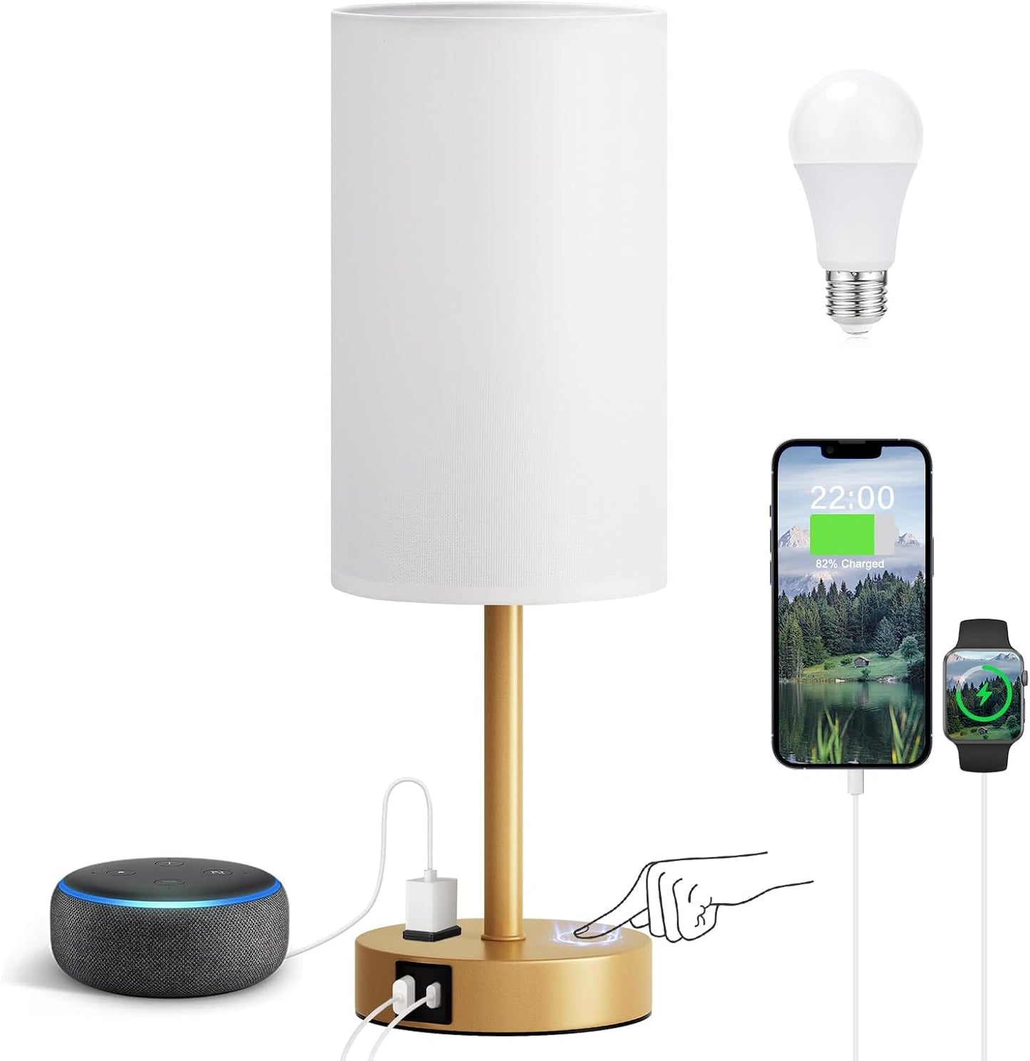 Fenmzee 17.4" Gold Lamp for Bedroom - Dimmable Touch, USB A+C, AC Outlet
