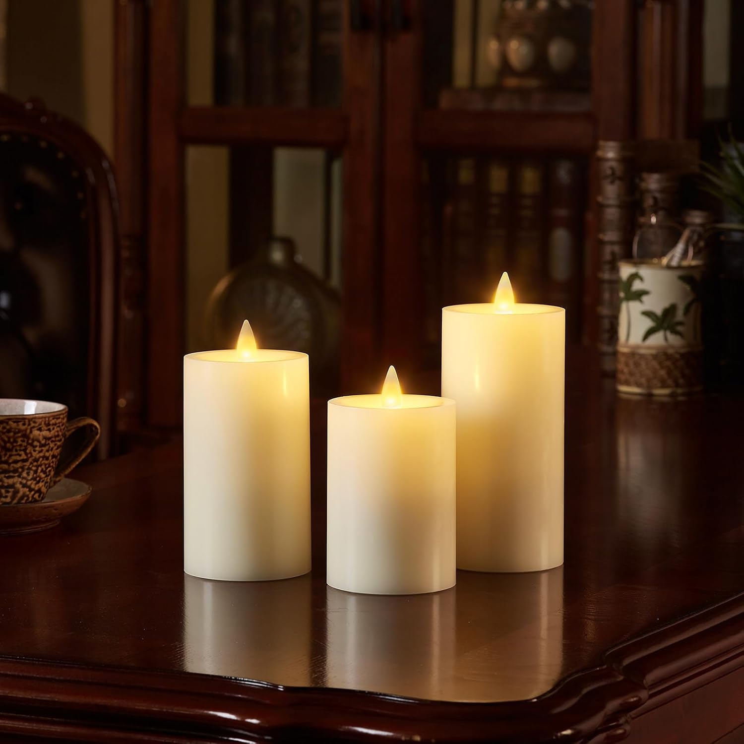Rechargeable Flameless Pillar Candle with Remote Timer, 3D Moving Flame Real Wax Led Pillar Candles (Ivory