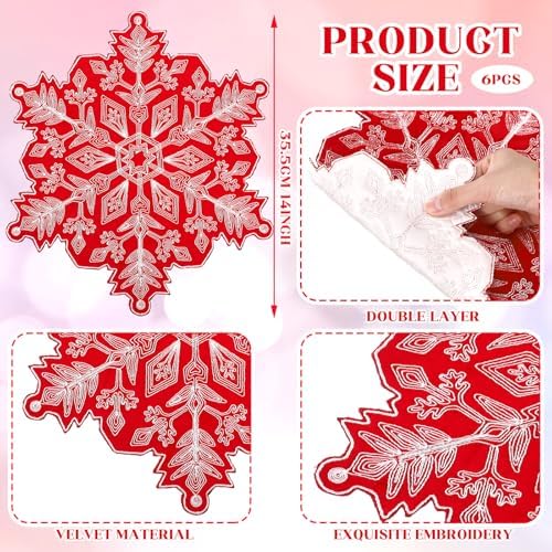 HunnmingRe Christmas Snowflake Placemats Set of 6 Embroidered Snowflake Table Mats 14 Inch Velvet Red Christmas Table Decorations Xmas Washable Placemats for Xmas Holiday Tabletop Home Dining Kitchen