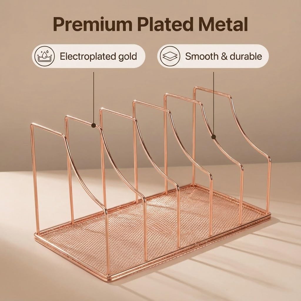 Rose Gold Binder Organizer for Desk, 5 Slot Metal Wire Vertical File Sorter with Mesh Bottom, Desktop Magazine Holder
