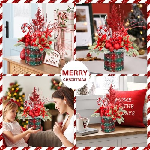 Small Christmas Tree Tabletop Artificial Mini Christmas Tree Decorations with Holiday Ornaments Red Berry Pine Cone Greenery for Home Indoor Fireplace Mantel Xmas Decor (Large-Round-Red)