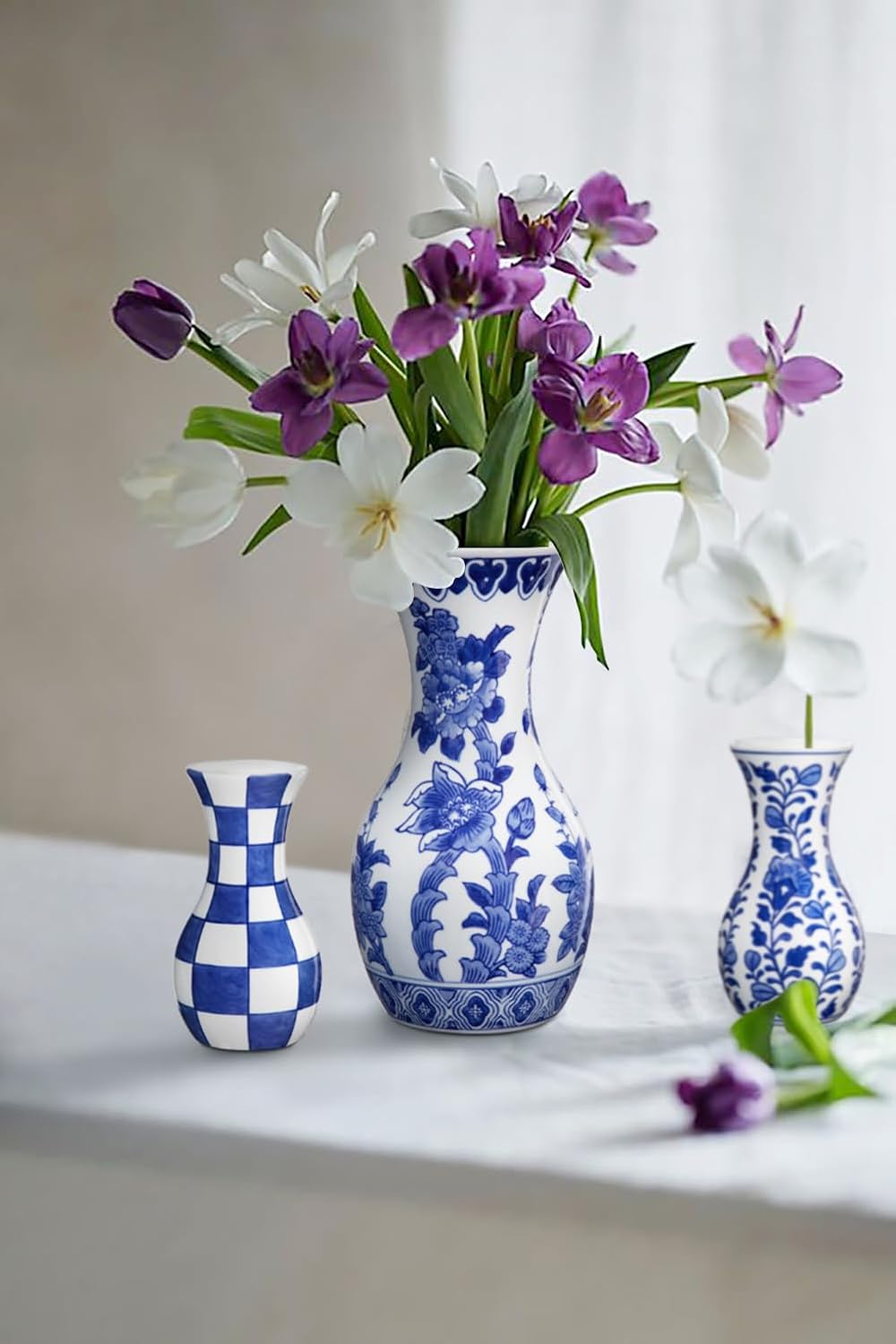 White Ceramic Vase / # Simple Floral Texture / Blue / 11 Inch