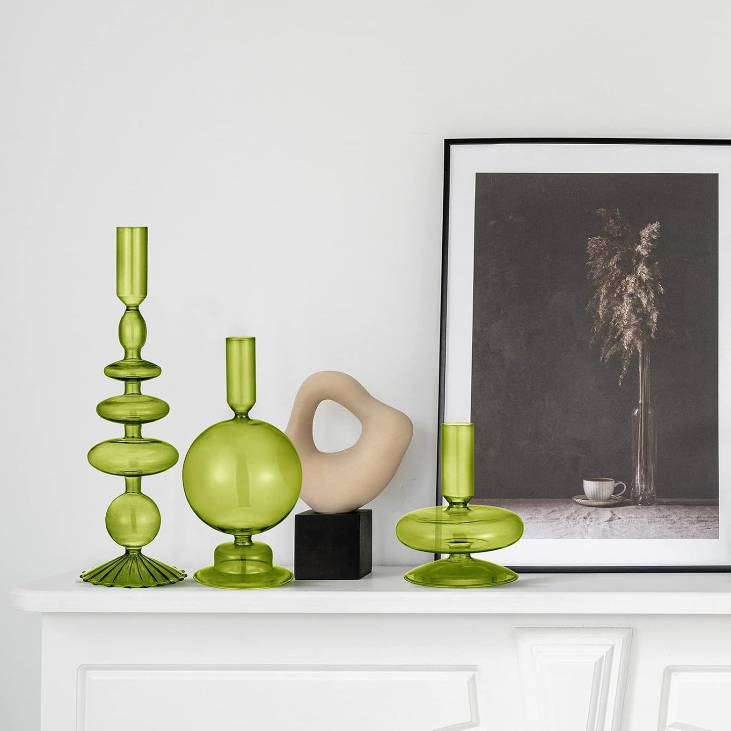 Rtteri 3 Pcs Iridescent Glass Candlestick Holders Taper Candle, Green | Taper Candles Holder, Wavy Glass Holder Stable