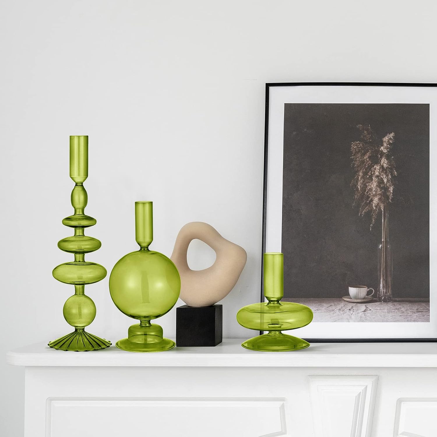 Rtteri 3 Pcs Iridescent Glass Candlestick Holders Taper Candle, Green | Taper Candles Holder, Wavy Glass Holder Stable
