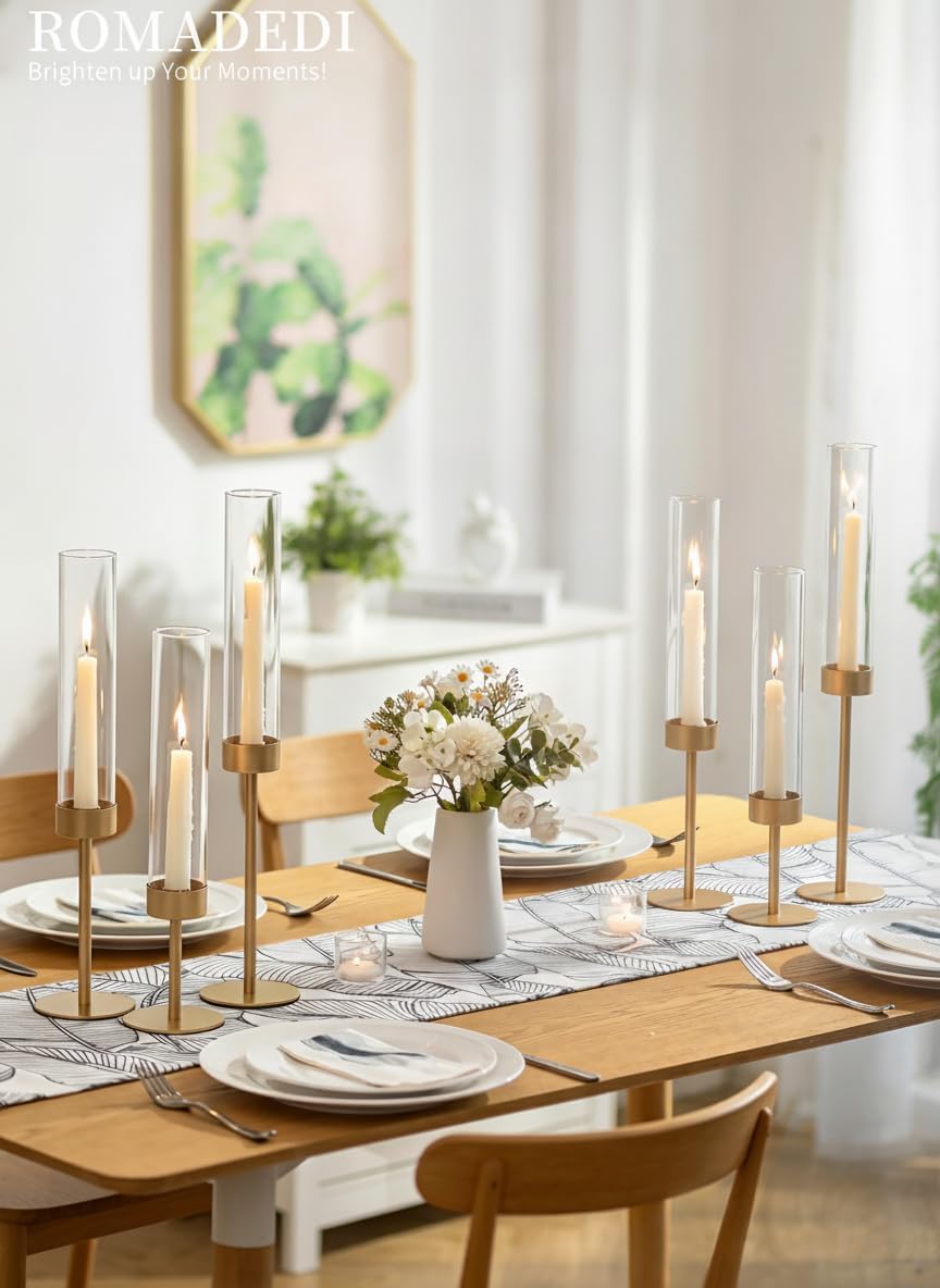 Romadedi Glass Hurricane Candle Holders for Candlestick, Gold, Set of 6 | Removable Borosilicate Clear Glass Cylinder