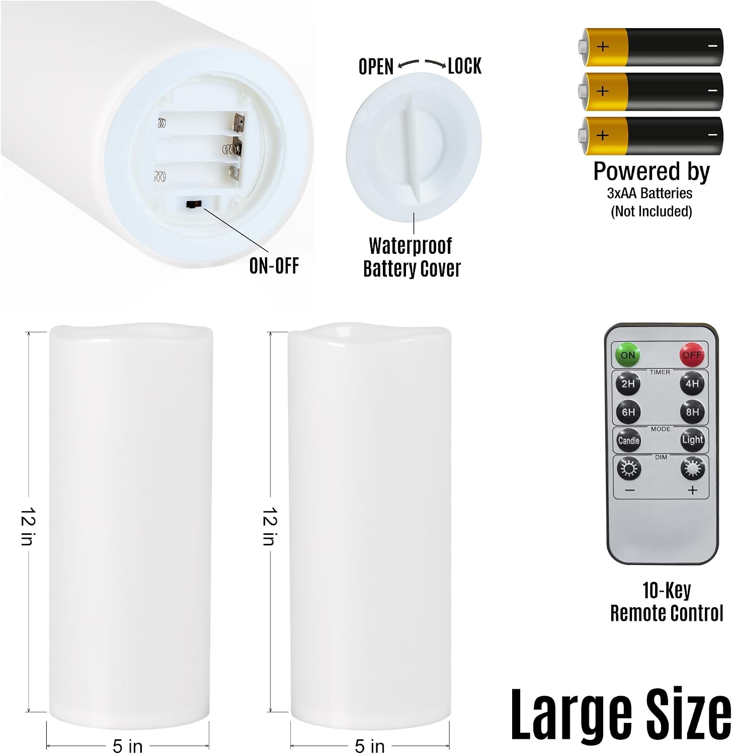 12" x 5" White Large Waterproof Outdoor Flameless Candles Battery Operated LED Flickering Pillar Candles with Remote