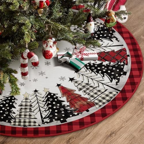 Christmas Tree Skirt 48 Inch, Red and Black Buffalo Plaid Xmas Tree Skirt, Winter Christmas Tree Mat for Home Party Holiday Indoor Outdoor Decorations